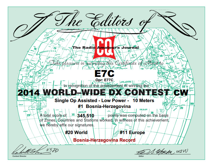 E7C CQWW 2014 CW certificat
